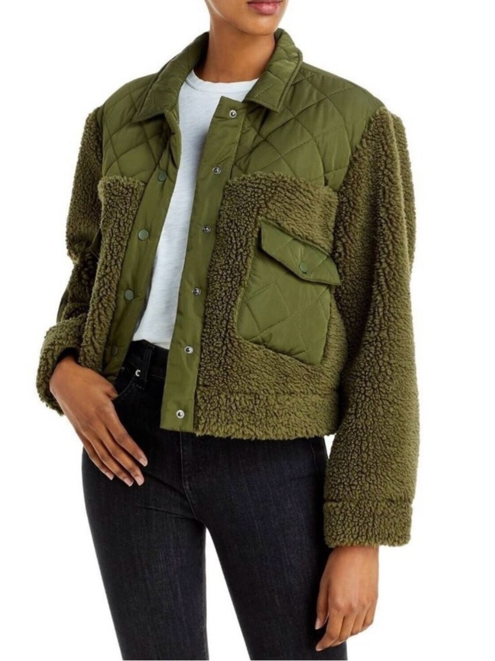 Rails Cropped Peyton Quilted Fleece Jacket, Olive Green
